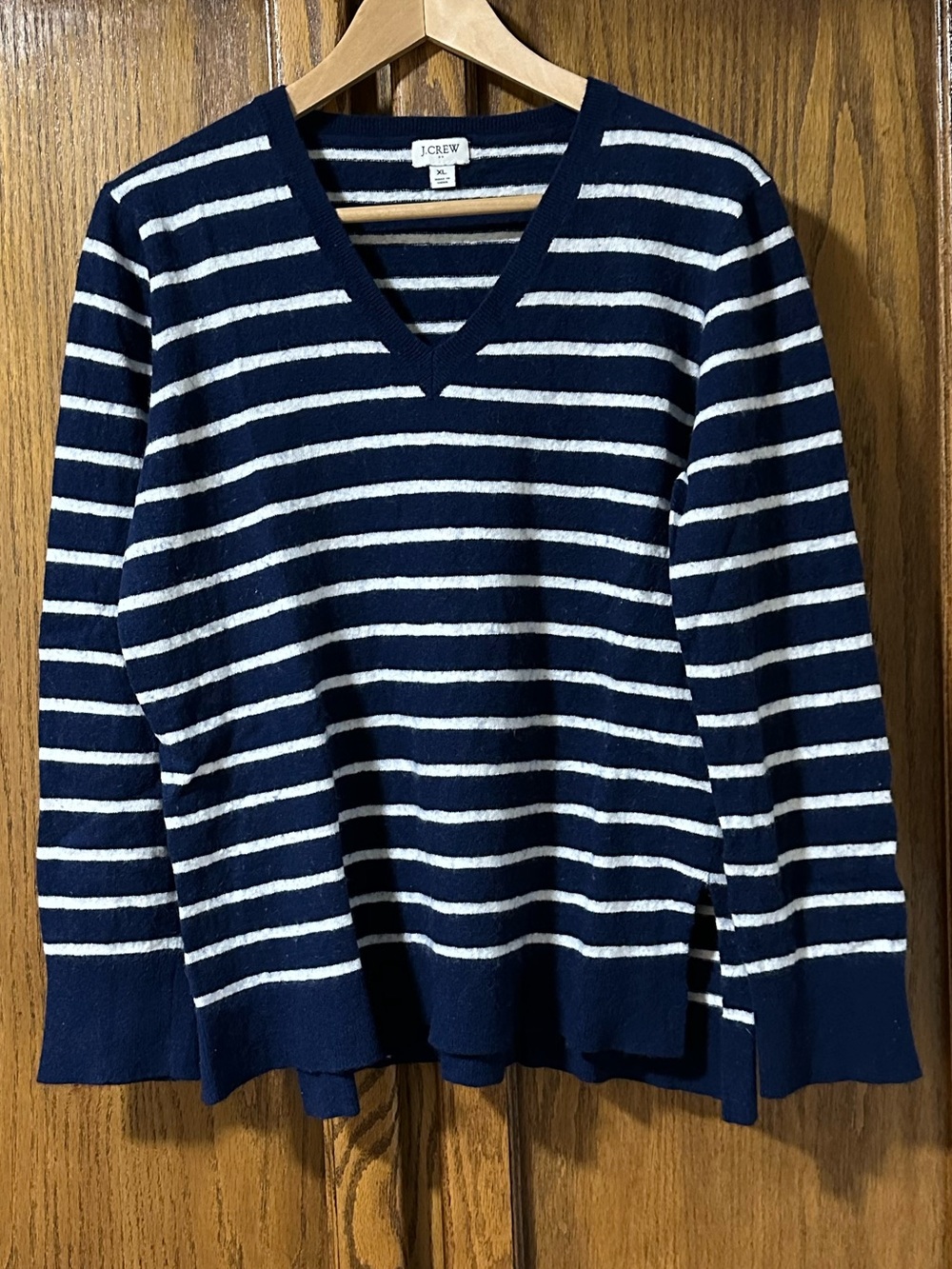 J. Crew Navy & White Striped Wool Blend V-Neck Sweater Sz XL